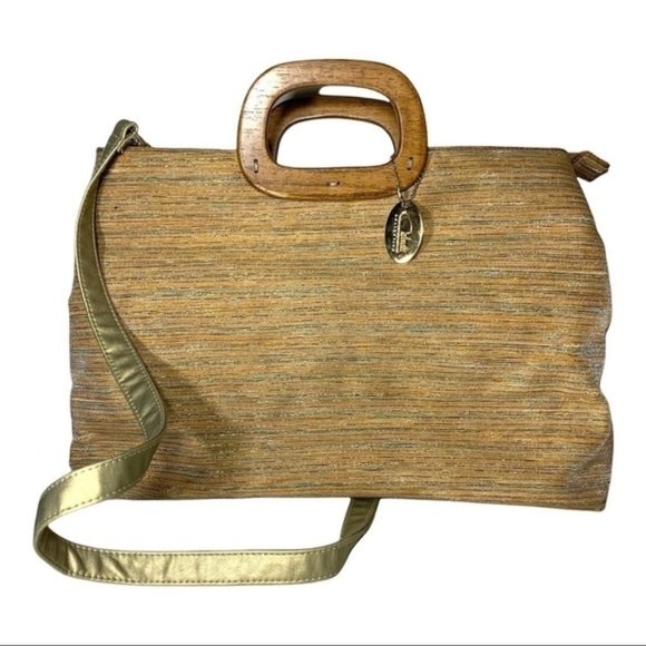 Cabrelli Handbags - Cabrelli Vintage Tapestry Style Hand Bag Earth Tone Golden Wooden